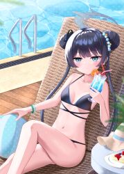 1girl alternate_costume arichi ball bare_arms bare_legs bare_shoulders beach_chair beachball beads bikini black_bikini blue_archive blue_eyes blush breasts butterfly_hair_ornament cake closed_mouth crazy_straw cup double_bun drink drinking_straw feet_out_of_frame fingernails food fruit grey_halo hair_beads hair_bun hair_ornament halo hand_up hat heart_straw highres holding holding_cup holding_drink ice ice_cube kisaki_(blue_archive) knee_up lemon lemon_slice loli long_hair navel pool_ladder poolside sitting small_breasts solo stomach strawberry_shortcake swimsuit thighs twintails very_long_hair wooden_floor