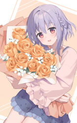 1boy :d absurdres alternate_costume asuka_minato blue_hair blue_skirt blush bouquet braid casual commentary_request cowboy_shot flower frilled_skirt frilled_sleeves frills hair_between_eyes happy highres holding holding_bouquet hotarihotaru long_sleeves looking_at_viewer male_focus medium_hair open_mouth orange_background orange_flower orange_rose otome_domain pink_shirt red_eyes rose shirt side_braid simple_background single_braid single_hair_intake skirt smile solo trap white_flower wide_sleeves