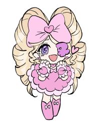Rule 34 | 1girl, blonde hair, boots, bow, clenched hands, collar, colored eyepatch, detached collar, dress, drill hair, earrings, eyepatch, fang, footwear bow, frilled dress, frills, happy, harime nui, heart, heart earrings, jewelry, kill la kill, lolita fashion, long hair, pink boots, pink bow, pink collar, pink dress, pink wrist cuffs, purple eyes, supertr37539983, twin drills, white background, wrist cuffs