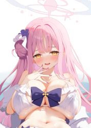 1girl bare_shoulders bikini blue_archive blush bow breasts cleavage collarbone covered_erect_nipples cross earrings fingernails flower hair_bun hair_flower hair_ornament hair_ribbon halo highres huge_breasts jewelry long_hair looking_at_viewer mika_(blue_archive) nail_polish navel open_mouth pink_hair pink_halo pink_nails purple_bow purple_flower ribbon saki_(saki_paint) single_side_bun smile solo stomach stud_earrings swimsuit white_background white_bikini white_ribbon yellow_eyes