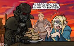 1boy 1girl 1other armor belt blonde_hair burger chainmail commentary courier_(fallout:_new_vegas) disgust dungeon_meshi duster elf english_commentary english_text fallout:_new_vegas fallout food fork frown gas_mask gloves green_eyes grill helmet holding holding_knife killb94 knife laios_touden long_hair marcille_donato mask ncr_veteran_ranger orange_sky plate_armor pointing pointy_ears red_eyes robe signature sky smoke