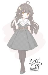 Rule 34 | 1girl, ahoge, belt, black hair, black pantyhose, black shoes, brown belt, chame (myyo04), closed mouth, crescent, crescent hair ornament, dated, dot mouth, dot nose, dress, full body, grey dress, hair ornament, head tilt, high heels, kantai collection, long hair, looking at viewer, mikazuki (kancolle), pantyhose, plaid clothes, plaid dress, shoes, short sleeves, sidelocks, signature, solo, standing, tachi-e, yellow eyes