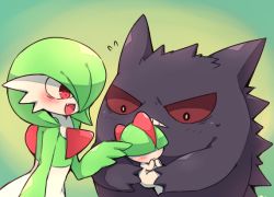 1girl 1other black_eyes blunt_bangs blush bob_cut bowl_cut child colored_sclera colored_skin fang flat_chest flying_sweatdrops gardevoir gen_1_pokemon gen_3_pokemon gengar ghost gradient_background green_background green_hair green_skin hair_over_eyes hair_over_one_eye hand_up hands_up happy holding holding_pokemon light_blush looking_at_another looking_down multicolored_skin nintendo one_eye_covered open_mouth own_hands_together pokemon pokemon_(creature) ralts red_sclera short_hair simple_background smile standing subaru331 sweat teeth two-tone_skin upper_body white_skin