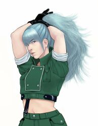 1girl arms_up blue_eyes blue_hair female_focus gloves grabbing_own_hair leather leona_heidern long_hair looking_at_viewer military murasakistay pale_skin ponytail shorts the_king_of_fighters wide_hips