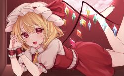 Rule 34 | 1girl, absurdres, ascot, barefoot, blonde hair, blush, breasts, chalc0, collared shirt, crystal wings, fingernails, flandre scarlet, frills, full body, hair between eyes, hands up, hat, hat ribbon, highres, legs up, long fingernails, looking at viewer, lying, mob cap, moon, multicolored wings, nail polish, night, night sky, on stomach, open mouth, own hands together, puffy short sleeves, puffy sleeves, red eyes, red moon, red nails, red ribbon, red skirt, red sky, red vest, ribbon, shadow, shirt, short hair, short sleeves, skirt, skirt set, sky, small breasts, smile, solo, star (sky), starry sky, toenail polish, toenails, touhou, vest, white hat, white shirt, wings, wrist cuffs, yellow ascot