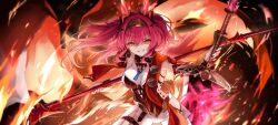1girl asymmetrical_dual_wielding breasts cleavage commentary_request dual_wielding earrings grin hairband highres holding holding_polearm holding_sword holding_weapon jewelry kuramoto_beta-carotene large_breasts looking_at_viewer lupa_(wuthering_waves) metal_hairband orange_eyes parted_lips pink_hair polearm smile solo sword tacet_mark_(wuthering_waves) weapon wrist_guards wuthering_waves