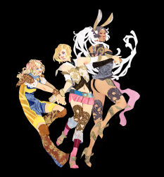3girls animal_ears armor ashelia_b&#039;nargin_dalmasca bare_shoulders belt belt_buckle black_background black_collar black_footwear black_leotard blonde_hair blue_belt blue_eyes blue_leotard bodysuit boots breastplate brown_bracelet brown_footwear buckle character_request check_character collar commentary commission curly_hair dark-skinned_female dark_skin detached_collar english_commentary final_fantasy final_fantasy_xii flower fran_(ff12) frown full_body gold_headwear gold_trim grey_headwear hair_flower hair_ornament helmet high_heels holding_hands knee_boots lace_trim leg_up leotard long_hair looking_at_another midriff miniskirt multiple_girls navel open_mouth parted_lips pauldrons penelo pink_boots pink_skirt rabbit_ears red_eyes red_flower short_hair shoulder_armor simple_background skirt sleeveless sleeveless_bodysuit smile teeth very_long_hair white_armor white_hair yellow_bodysuit yutaan