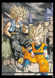 Rule 34 | 2boys, battle damage, black pants, black shirt, blonde hair, blue footwear, blue jacket, blue shirt, boots, commentary request, cropped jacket, dragon ball, dragonball z, full body, green eyes, highres, holding, holding sword, holding weapon, jacket, kakeru (dbskakeru), long hair, male focus, medium hair, multiple boys, muscular, muscular male, orange pants, orange shirt, over shoulder, pants, shirt, smirk, son gohan, super saiyan, super saiyan 1, super saiyan 2, sword, sword over shoulder, trunks (dragon ball), trunks (future) (dragon ball), weapon, weapon over shoulder, yellow boots