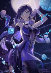 1girl aqua_eyes asymmetrical_gloves bare_shoulders black_pants blue_dress blue_hair blunt_bangs bracelet breasts commentary_request cowboy_shot dice dress fingerless_gloves genshin_impact gloves grin highres jewelry karanashi_mari leggings looking_at_viewer medium_breasts mismatched_gloves pants parted_lips short_hair sleeveless sleeveless_dress smile solo standing thighs yelan_(genshin_impact)