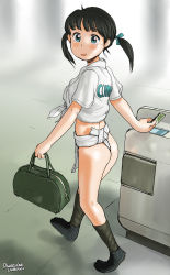 00s 1girl 2008 artist_name ass awatake_takahiro bag black_hair blush dated female_focus fundoshi hair_ribbon japanese_clothes looking_at_viewer mizu_happi open_mouth original ribbon shirt short_hair solo sweatdrop tabi ticket tied_shirt twintails