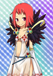 Rule 34 | 1girl, argyle clothes, argyle dress, belt, blue belt, blush, breasts, cleavage, closed mouth, commentary request, cowboy shot, detached sleeves, dress, looking at viewer, meiko (nattu303), navel, purple eyes, ragnarok online, rainbow background, red hair, short bangs, short hair, side slit, sleeveless, sleeveless dress, small breasts, smile, solo, sorcerer (ragnarok online), split mouth, v-shaped eyebrows, white dress, white sleeves