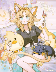 1girl ahoge alternate_costume animal_ear_fluff animal_ears artist_name balloon bed_sheet black_shirt blonde_hair cake cake_slice cat_ears cat_girl cat_tail commentary dog doki_amber_doge_(dokibird) dokibird_(vtuber) dragoon_(dokibird) earphones_around_neck english_commentary english_text feather_hair food fork gift green_eyes grey_shorts highres holding holding_fork holding_stuffed_toy indie_virtual_youtuber pink_background plaid_clothes plaid_shorts renkkai shirt short_hair short_sleeves shorts solo striped_background stuffed_toy tail tied_shirt virtual_youtuber wisps_(mint_fantome)