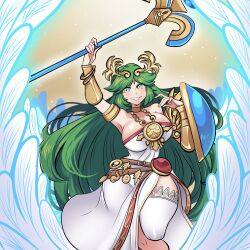 1girl absurdres ancient_greek_clothes armlet bare_shoulders blue_eyes blush breasts chain chiton circlet cleavage dress forehead_jewel gold_chain greco-roman_clothes green_eyes green_hair highres holding holding_staff jewelry kid_icarus kid_icarus_uprising large_breasts laurel_crown long_hair looking_at_viewer missandydandy neck_ring nintendo open_mouth palutena smile solo staff teeth thighhighs tiara vambraces very_long_hair wings