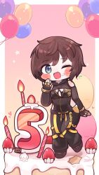 1girl balloon black_gloves blue_eyes brown_hair cake candle clothing_cutout countdown_illustration deformed fingerless_gloves food fruit gloves gradient_background highres lily_artemis_ii_(stellar_blade) looking_at_viewer official_art one_eye_closed open_mouth short_hair shoulder_cutout smile stellar_blade strawberry