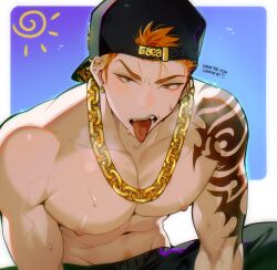 Rule 34 | 1boy, arm tattoo, bara, black pants, border, chain, chain necklace, chariko, earrings, english text, fangs, gold chain, highres, ito satsuki, jewelry, large pectorals, looking at viewer, male focus, necklace, nipples, orange hair, pants, paradox live, pectorals, pubic hair, pubic hair peek, shoulder tattoo, sideburns, solo, sweatdrop, tattoo, tongue, tongue out, topless male, tribal tattoo, white border