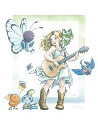 Rule 34 | blonde hair, boots, butterfree, chatot, cowboy boots, dress, gen 1 pokemon, gen 3 pokemon, gen 4 pokemon, gen 8 pokemon, guitar, highres, instrument, mgishere, nintendo, pokemon, polaroid camera, sobble, sprigatito, taylor swift, torchic