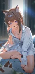 1girl :d absurdly_long_hair animal_ears bare_legs barefoot bed blanket blue_eyes blue_nails breasts brown_hair cat cat_ears extra_ears facial_mark fang full_body hair_ornament hairclip hand_on_own_ankle hayahbyeol highres indie_virtual_youtuber light_particles long_hair long_sleeves looking_at_viewer medium_breasts naked_shirt on_bed open_clothes open_mouth open_shirt oversized_clothes oversized_shirt partially_unbuttoned see-through_clothes seorang_(vtuber) shirt sitting smile unworn_hair_ornament unworn_hairclip very_long_hair virtual_youtuber whisker_markings white_shirt