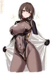 1girl artist_name black_bodysuit blush bodystocking bodysuit breasts brown_eyes brown_hair covered_navel ebifurya highres hyuuga_(kancolle) japanese_clothes kantai_collection kimono large_breasts looking_at_viewer one-hour_drawing_challenge open_clothes open_kimono opened_by_self short_hair simple_background solo twitter_username white_background white_kimono