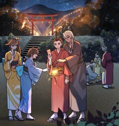 3girls 4boys ace_attorney antenna_hair apollo_justice athena_cykes black_hair blonde_hair blue_hairband blue_kimono bracelet brown_hair bush chain chain_necklace drill_hair festival fireworks food full_body geta gold_bracelet grey_hair hairband holding holding_fireworks holding_food japanese_clothes jewelry kimono klavier_gavin lantern long_hair maya_fey miles_edgeworth mountainous_horizon multiple_boys multiple_girls necklace night night_sky obi orange_hair orange_kimono outdoors phoenix_wright red_kimono sash senki_xl short_hair side_ponytail sky sparkler squatting standing takoyaki trucy_wright yellow_kimono