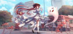 Rule 34 | 1girl, absurdres, argentrt, boo tao (genshin impact), brown hair, brown hat, brown shoes, building, capelet, cloud, cloudy sky, dress, floating clothes, floating hair, flower, flower-shaped pupils, frills, full body, genshin impact, ghost, hat, highres, holding, holding flower, hu tao (genshin impact), kneehighs, long hair, looking at viewer, open mouth, outdoors, red eyes, shoes, sky, socks, spider lily, symbol-shaped pupils, twintails, very long hair, white capelet, white dress, white flower, white socks