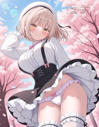 1girl absurdres black_skirt blue_sky blush breasts brown_hair cameltoe cherry_blossoms commentary_request day floating_hair frilled_thigh_strap gen_2_pokemon hat highres large_breasts lens_flare long_sleeves looking_at_viewer nikki_(n2kkey) original outdoors panties pantyshot shirt short_hair skirt sky smile textless_version thigh_strap thighhighs thighs underwear unown unown_e white_hat white_panties white_shirt white_thighhighs wind wind_lift