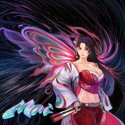 1girl absurdres breasts bustier butterfly_hair_ornament butterfly_wings character_name fatal_fury folded_fan folding_fan hair_down hair_ornament hand_fan haori highres holding holding_fan huge_breasts insect_wings japanese_clothes long_hair navel neoenity official_alternate_costume official_alternate_hairstyle pants red_bustier red_pants shiranui_mai solo stomach street_fighter street_fighter_6 wings