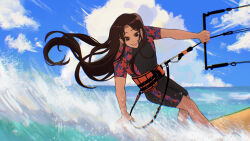 Rule 34 | 1girl, blue sky, brown hair, cloud, cloudy sky, full body, hair flowing over, highres, holding, horizon, leaning back, line of action, long hair, meraooni, motion blur, ocean, onesie, our life: (now and forever), outstretched arms, qiu lin (our life), second-party source, sky, solo, surfboard, surfing, very long hair