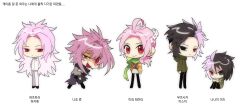 5boys ahoge black_eyes black_hair black_pants black_shoes chibi chibi_only closed_mouth colored_eyelashes commentary_request curtained_hair detached_sleeves dita_iliner drawstring expressionless feather_hair_ornament feathers film_grain green_jacket green_scarf green_shirt grey_shirt hair_between_eyes hair_intakes hair_ornament hatsutori_hajime heterochromia high_collar highres hood hood_down hooded_jacket jacket jjeom korean_commentary korean_text long_hair long_sleeves male_focus medium_hair multicolored_hair multiple_boys mutsushika_misumi nanami_izu nijou_ryuu open_mouth pants parted_bangs patchwork_skin pink_hair red_eyes saibou_shinkyoku scarf shirt shoes short_hair short_sleeves simple_background smile torn_clothes translation_request two-tone_hair uneven_eyes white_background white_jacket white_pants yellow_sleeves