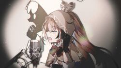 1girl brown_capelet brown_cloak brown_hair capelet cloak closed_eyes dual_persona ears_through_headwear feather_hair_ornament feathers gloves hair_ornament highres hololive hololive_english hood hood_up light_particles long_hair microphone microphone_stand miya_(ikanyaide) multicolored_hair mumei_(song)_(hololive) music nanashi_mumei nanashi_mumei_(1st_costume) open_mouth partially_fingerless_gloves ponytail ribbon shirt shouting singing spotlight streaked_hair teeth upper_teeth_only very_long_hair virtual_youtuber white_shirt