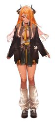 Rule 34 | 1girl, absurdres, bandaid, bandaid on breast, bandaid on horn, bandaid on leg, black bra, black horns, black jacket, black shoes, bra, braid, breasts, buttons, closed mouth, full body, gradient hair, hair ornament, hair over one eye, hairpin, highres, horns, in pocket, indie virtual youtuber, jacket, loose socks, magato sera, mayutsuba mono, multicolored hair, nail polish, necktie, orange hair, partially unbuttoned, pink hair, pleated skirt, red eyes, shirt, shoes, skirt, sleeves past wrists, socks, solo, tied sweater, underwear, virtual youtuber, white shirt, white socks, yellow necktie, yellow skirt