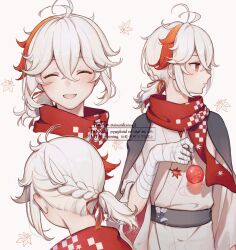 1boy aisumikannn3 bandaged_arm bandaged_hand bandages blush candy_apple closed_eyes closed_mouth food genshin_impact hair_between_eyes hair_ribbon hashtag-only_commentary highres holding holding_candy_apple holding_food japanese_clothes kaedehara_kazuha kimono leaf leaf_print male_focus multicolored_hair multiple_views open_mouth ponytail red_eyes red_hair red_ribbon red_scarf ribbon scarf simple_background streaked_hair white_hair white_kimono yukata