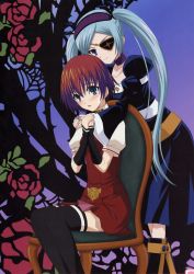 00s 2girls absurdres blue_eyes blush brown_hair elbow_gloves eyepatch gloves green_eyes green_hair highres long_hair multiple_girls nahashi_lucia non-web_source short_hair takahana_sumire thighhighs twintails venus_versus_virus very_long_hair yuri