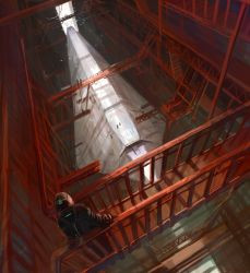 1boy astronaut bad_id bad_pixiv_id denchou dutch_angle hangar highres light_rays male_focus original scenery science_fiction solo spacecraft sunbeam sunlight