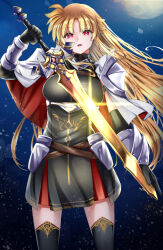 1girl :o adapted_weapon alternate_costume armor black_dress black_gloves black_thighhighs blonde_hair commentary_request dress elbow_gloves fate_testarossa gloves highres holding holding_sword holding_weapon long_hair looking_at_viewer lyrical_nanoha mahou_shoujo_lyrical_nanoha_strikers night night_sky paid_reward_available parted_bangs pauldrons red_eyes shoulder_armor sky solo sougetsu_izuki standing star_(sky) starry_sky sword thighhighs unsheathed weapon