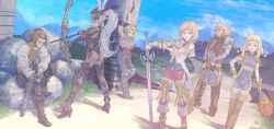 animal_ears armor ashelia_b&#039;nargin_dalmasca ass balflear basch_fon_ronsenburg blonde_hair bodysuit breasts closed_mouth cloud commentary_request dark-skinned_female dark_skin day ears_through_headwear final_fantasy final_fantasy_xii fran_(ff12) helmet long_hair looking_at_viewer mountain multiple_boys multiple_girls penelo rabbit_ears revealing_clothes short_hair sky sword tamago_tomato vaan_(ff12) viera weapon white_hair
