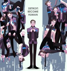 1boy akira_kira android armband black_eyes black_necktie black_pants blood blood_from_mouth blue_armband blue_background blue_blood brown_hair closed_eyes closed_mouth collage connor_(detroit) copyright_name decapitation detroit:_become_human expressionless gun gunshot_wound hair_slicked_back holding holding_detached_head holding_gun holding_weapon jacket kneeling long_sleeves looking_at_viewer male_focus multiple_views necktie open_clothes open_jacket pants purple_jacket severed_arm severed_head severed_limb shirt short_hair skyline smile standing upside-down_background weapon white_shirt