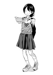 1girl :d ^_^ blush closed_eyes full_body greyscale highres inushima_(k_z_i_t_) low_twintails monochrome open_mouth original pleated_skirt school_uniform shoes skirt smile sneakers socks solo sweater_vest twintails