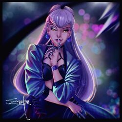 Rule 34 | 1girl, alganori, black skirt, blurry, bokeh, breasts, cropped jacket, crossed legs, demon girl, depth of field, evelynn (league of legends), jacket, k/da (league of legends), k/da all out evelynn, league of legends, long hair, looking at viewer, medium breasts, open clothes, open jacket, skirt, solo, white hair, yellow eyes