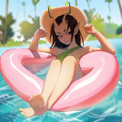 1girl alien animification antennae black_hair breasts closed_mouth guardians_of_the_galaxy hat highres long_hair looking_at_viewer mantis_(marvel) marvel marvel_cinematic_universe marvel_rivals on_innertube pink_innertube pumpkimsyrup short_hair smile solo swimsuit water