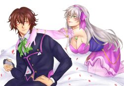 1boy 1girl absurdres artist_pls_draw_twiyor_like_this_(meme) breasts brown_hair dress eiyuu_densetsu elbow_gloves elie_macdowell gloves green_eyes hands_on_another&#039;s_shoulders highres large_breasts lloyd_bannings long_hair looking_back meme on_bed photo-referenced purple_dress red_eyes seralalaaa sitting smile white_hair zero_no_kiseki