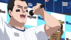Rule 34 | 1boy, absurdres, ballpark de tsukamaete, baseball bat, baseball glove, baseball uniform, black hair, blush, catch me at the ballpark, dark eyes, former major leaguer, highres, holding, holding baseball bat, looking at viewer, male focus, serious expression, short hair, solo, sports, sportswear, young dennis (ballpark de tsukamaete)