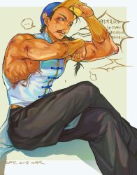 ... 1boy absurdres adjusting_clothes adjusting_headwear arm_up baseball_cap black_hair black_pants blood blood_on_arm blood_on_face braid bridal_gauntlets dated feet_out_of_frame hat heart highres licking_lips long_hair looking_to_the_side male_focus muscular muscular_male nosebleed pants shirt sideways_glance single_braid sitting sleeveless solo speech_bubble spoken_ellipsis street_fighter street_fighter_iii_(series) teeth tongue tongue_out torn_clothes torn_shirt upper_teeth_only war6057265 white_shirt yellow_bridal_gauntlets yun_lee