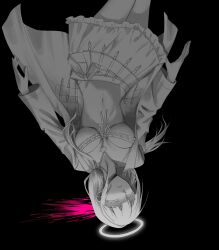 1girl bead_necklace beads bikini bikini_skirt black_background blood breasts closed_eyes closed_mouth danganronpa_(series) danganronpa_v3:_killing_harmony facing_viewer frilled_bikini frills halo highres jacket jewelry long_hair medium_breasts navel navel_piercing necklace open_clothes open_jacket paintbrush piercing pink_blood ribbon shell shell_necklace solo swimsuit upside-down wawa_(uwu_0427) yonaga_angie