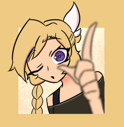 1girl ;o absurdres blonde_hair blue_eyes blurry braid commentary depth_of_field english_commentary highres index_finger_raised long_hair looking_at_viewer morganafumo nelly_(xyronii) one_eye_closed original parted_lips solo yellow_background
