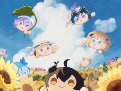 &gt;_&lt; abby_(wuthering_waves) ahoge beetle black_hair blonde_hair blue_eyes blue_hair blue_sky blue_veil blush brant_(wuthering_waves) bug butterfly_net cantarella_(wuthering_waves) cartethyia_(wuthering_waves) changli_(wuthering_waves) cloud cloudy_sky crown_of_thorns field fishing_rod flower flower_field hair_ornament hand_net hat headdress heterochromia holding holding_butterfly_net insect insect_on_head irono_ha jinhsi_(wuthering_waves) leaf_umbrella male_rover_(wuthering_waves) mask mask_on_head multicolored_eyes multicolored_hair no_humans open_mouth orange_eyes phoebe_(wuthering_waves) pink_eyes pink_hair pirate_hat purple_eyes purple_hair remnant_cube_(wuthering_waves) roccia_(wuthering_waves) rover_(wuthering_waves) shorekeeper_(wuthering_waves) sky smile sun_hat sunflower tacet_mark_(wuthering_waves) twintails two-tone_eyes two-tone_hair two-tone_veil veil white_hair white_hat white_veil wuthering_waves yellow_eyes
