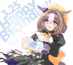 1girl :3 @_@ animal_ears ascot black_dress blue_flower blue_rose blush brown_hair cupping_hands dated dress ear_covers flower hairband happy_birthday hat hihiqhi horse_ears horse_girl horse_tail juliet_sleeves long_sleeves medium_hair meisho_doto_(dot-o&#039;-lantern)_(umamusume) meisho_doto_(umamusume) multicolored_hair neck_ribbon official_alternate_costume open_mouth orange_hat own_hands_together petals puffy_sleeves purple_eyes ribbon rose single_ear_cover smile solo streaked_hair tail twitter_username umamusume upper_body watermark white_ascot