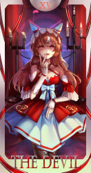 1girl absurdres animal_ears arm_garter bare_shoulders black_thighhighs blood blush breasts commentary_request cowboy_shot detached_sleeves dress ear_covers highres horse_ears horse_girl horse_tail lanse_dai_mao layered_dress long_hair open_mouth red_dress red_eyes red_hair sleeveless sleeveless_dress small_breasts smile solo still_in_love_(umamusume) tail tarot the_devil_(tarot) thighhighs umamusume v