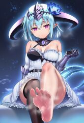 1girl barefoot blue_hair feet filene_(shadowverse) highres looking_at_viewer medium_hair okasa_re_taii pink_eyes pointy_ears shadowverse single_thighhigh soles steam sweat thighhighs toes