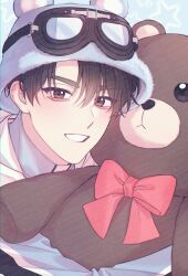 1boy animal_hat blue_background blue_hat blue_jacket bow brown_eyes brown_hair bucket_hat debwi_mos_hamyeon_jugneun_byeong_geollim goggles goggles_on_head hair_between_eyes hat highres jacket korean_commentary lee_sejin looking_at_viewer lukapang male_focus mouse_hat parted_bangs red_bow short_hair smile solo stuffed_animal stuffed_toy teddy_bear turtleneck turtleneck_jacket