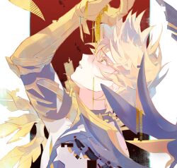 1boy alternate_form arm_up black_shirt blonde_hair clawed_gauntlets cracked_skin glitch highres honkai:_star_rail honkai_(series) looking_up male_focus material_growth parted_lips phainon_(honkai:_star_rail) shiita34 shirt short_hair solo teeth torn_clothes torn_shirt upper_body yellow_blood